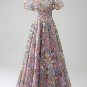 ZAPAKA Mauve Ball-Gown/Princess Embroidered Prom Dress with Short Sleeves